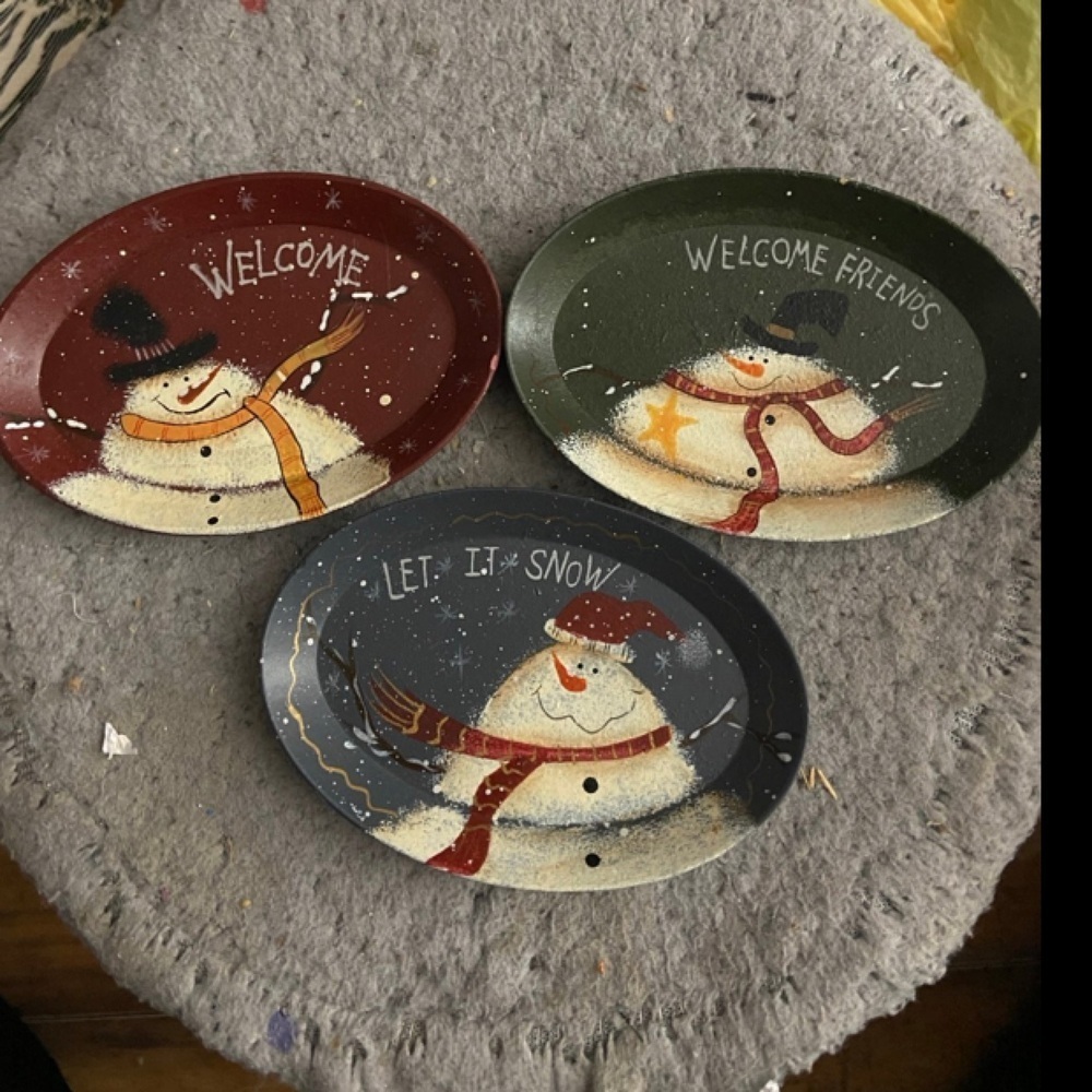 Set of 3/Wooden Hand Painted Snowman Trinket Dish, small 4" T20